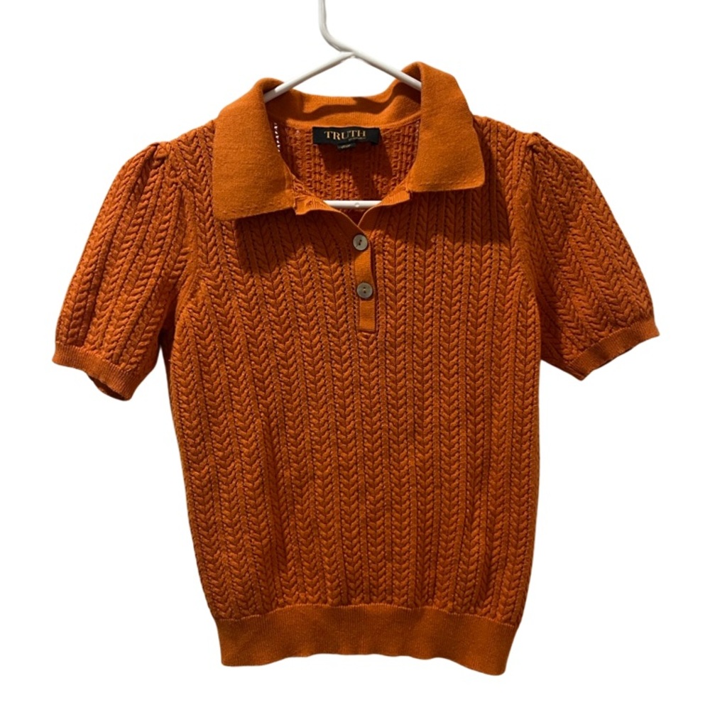 Orange open knit polo collared shirt sleeve top